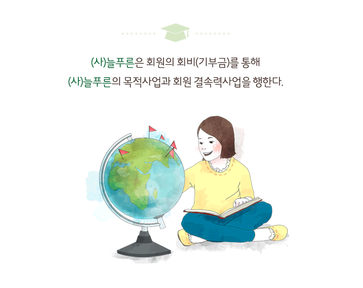 (사)늘푸른은 회원의 회비(기부금)를 통해 (사)늘푸른의 사업 가요와 회원 결속력사업을 행한다.